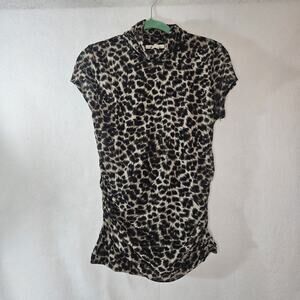 KENNETH COLE Sz L leopard Mesh Shirt Ruched Mock Neck Cap Sleeve High Neck